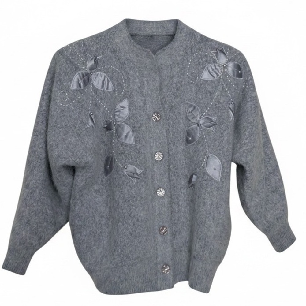 Vintage Fuzzy Angora Blend Applique Pearl Beaded Cardigan Sweater Stunning